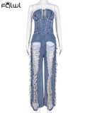 znbbw Summer Sexy Fashion Jumpsuit Club Outfit For Women 2023 Strapless Hollow Holes Sto Denim Jumpsuite Women Mujer