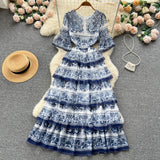 Znbbw New Summer Women Ruffles Cascading Dress Runway Flare Sleeve Blue and White Porcelain 5-Layer Cake Robe Vestidos