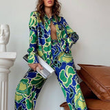 znbbw Fashion Print Women Outfits 2023 Summer High Street Shirt Two Piece Sets Vintage New Pattern Blouses + Long Pants Suits