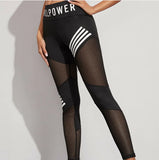 Znbbw Waist Mesh Pacthwork Sports Leggings Women Black Gym Fitness Letter Print Sportwear Yoga Pants