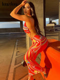 Znbbw Women Sleeveless V Neck Hollow Out Printed Bodycon Beach Vacation Backless Long Dress 2023 Summer Clothes Streetwear