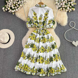 Znbbw Runway Fashion Summer Bohemian Dress Women's Lapel Green Flowers Printed Belt Loose Holiday Pleated Party Vestidos