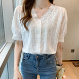 Znbbw Short Sleeve White Blouse Women Lace V-Neck Blouse Shirt Blusas Mujer De Moda 2023 Verano Women Tops Blouses Shirts F452
