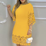 znbbw Casual Ladies Solid Color Loose Commute Dress Women New O-Neck Pullover Dress Summer Harajuku Hollow Out Lace Sleeve Dress