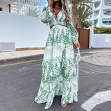 Znbbw Sexy Maxi Dress 2023 Women Club Party Long Dresses V-Neck Backless Hollow Out Lantern Floral Print Tunic Beach Cover Up