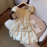 znbbw Vintage Square Neck Plaid Print Mini Dress Summer 2023 Elegant Puffed SleeveA-line Dresses Patchwork split Vestidos Tide