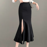 Znbbw Waist Black Midi Skirts For Women Elegant Ruffles Long Mermaid Skirt Fashion Office Lady OL Skirts Faldas Mujer 2023