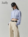 znbbw 2023 Summer Streetwear Long Sleeve Striped Women Cropped Shirt Button Stand Neck Embroidery Ladies Blouse Female Clothing