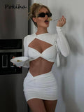 znbbw Sexy Hollow Out Dress Set Women Outfit Full Sleeve Crop Top And Ruched Mini Skirt Matching Sets Ladies Two Piece Suit