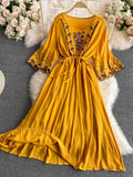 Znbbw Dress New Holiday Bohemian Dress Ethnic Style Cotton Linen Embroidery Lace Waist O- Neck Flared Sleeve Dress GD702