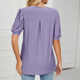 Znbbw Solid Lace Woman Shirt Elegant Hollow Puff Short Sleeve Pullover Blouse Women Casual V-neck Loose Lady Tops Blusas 24698