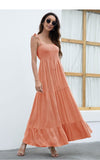 Znbbw Dresses For Women 2023 Summer Casual Solid Maxi Dress Frill Slash Neck Sleeveless Strap Tie Ruffle Hem Holiday Beach Dress