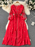 Znbbw Ethnic Style Lace Up Lantern Sleeve Waist Slimming Embroidery Red Temperament Dress Stunning Long Vestidos Women D1473