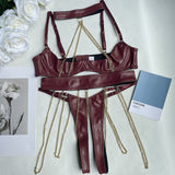 Znbbw Sensual Leather Lingerie Half Cup Bra Kit Push Up With Chain Sissy Crotchless Naked Bilizna Outfit Fetish PU Uncensored