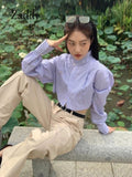 znbbw Korea Style 2023 Summer Long Sleeve Striped Women Cropped Shirt Casual Button Up Embroidery Woman Blouse Stand Neck Tops