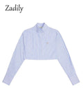 znbbw 2023 Summer Streetwear Long Sleeve Striped Women Cropped Shirt Button Stand Neck Embroidery Ladies Blouse Female Clothing