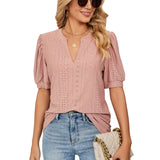 Znbbw Solid Lace Woman Shirt Elegant Hollow Puff Short Sleeve Pullover Blouse Women Casual V-neck Loose Lady Tops Blusas 24698