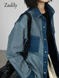 znbbw 2023 Spring Vintage Long Sleeve Women Denim Shirt Oversize Button Solid Color Patchwork Woman Blouse Female Clothing Tops