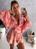 znbbw Deep V Neck Jumpsuit For Women Summer Casual Boho Beach Vacation Outfit Female Fashion Print Lantern Sleeve Rompers Shorts