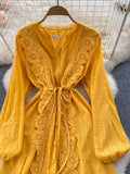 Znbbw Autumn Women's Vintage Long Sleeve Dress Solid Color Bellflower French Lace Up Waist Single Breasted Long Dress