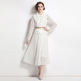 Znbbw Party Lace Elegant White Dress Women Office Long Sleeves Hollow Out Pleated Dresses A-line Belt Patchwork Maxi Vestidos