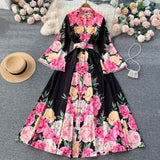 Znbbw Designer Fashion Vintage Floral Print Maxi Long Party Dresses Women Stand Collar Flare Sleeve Largo Vestidos Robes