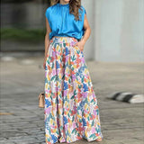 znbbw Street Fashion Commute Ladies Suits Elegant Solid Blouse + High Waist Print Wide Leg Pants Women Two Piece Set Sexy Outfits