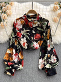 Znbbw Spring Autumn Women Retro Printed Shirt Women's Loose Lantern Sleeve Shirt Oil Painting Sense shirt tops female D0632