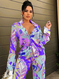 Znbbw Print Long Sleeve Blouses 2 Pecies Set Women Lapel Single-breasted Shits Suits 2023 Autumn High Wait Pants Outfits