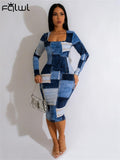 znbbw Sexy Patchwork Denim Printing Madi Dresses For Women Summer 2023 Long Sleeve Bodycon Slim Maxi Dress Slash Neck Dress