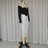 Znbbw 2 Piece Set Women Fashion Sexy Solid Long Sleeve Off Shoulder Tube Top A-Line Slit Irregular Slim Long Skirt Sets