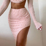Znbbw Pink Beaded Y2K Midi Skirts for Women High Waist Bodycon Birthday Night Party Split Sexy Long Skirt