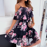 Znbbw Summer Dress Women Floral Print Spaghetti Strap Casual Dress Off Shoulder Sexy Elegant Boho Beach Dresses Vestidos