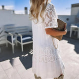 znbbw Lace Patchwork Temperament Beach Dress Summer Short Sleeve Folds Dress Fashion New Lace Pattern O-Neck Loose Women Dress