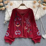 Znbbw Blouse Embroidered Top Spring Summer New V-neck Loose Lantern Sleeves Ethnic Cotton Linen Shirt Tide Female Blusa D1105