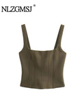 Znbbw TRAF - 2023 Green Backless Bandage Corset Tops Women Sexy Square Neck Satin Bustier Tank Crop Top Elegant Party Tops