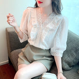 Znbbw New Lace V-Neck White Blouse Shirt Short Sleeve Blouse Women Blusas Mujer De Moda 2023 Verano Women Tops Blouses G471