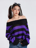 Znbbw Y2k Punk Rock Zipper Sexy Off Shoulder Sweaters Women Gothic Black Grey Stripes Broken Hole Loose Knitted Jumpers