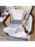 znbbw Elegant V-neck Bow Striped High Waist Slim Mini Dress Women's Spring Sleeveless Contrast Stripe Knitted Female Dress