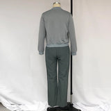 Znbbw 2 Piece Set Autumn Winter Office Crew Long Sleeve Solid Zipper Jacket Loose Straight With Belt Pants Sets Streetwear