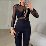 Znbbw Women Two Piece Set Autumn Winter Trasparent Sexy Patchwork O Neck Long Sleeve Top Solid Bodycon Pants Set Streetwear