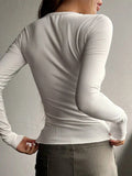 Znbbw Ribbed Basic Tees Shirts Long Sleeve Ruched Casual T-Shirts Women Knitted Buttons Up O Neck Slim Fit Tops Y2K