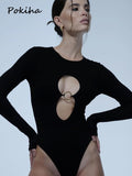 znbbw Fashion Hot Sexy Cut Out Bodycon Bodysuits For Women Long Sleeve Elegant Tops High Rise Bodysuit Spring Clothes