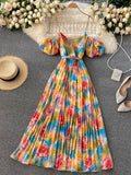 Znbbw New Seaside Holiday Dress Female Bubble Sleeve Square Neck Strapless Sling Long Print Pleated Dress UK881