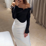 Znbbw 2 Piece Set Women Fashion Sexy Solid Long Sleeve Off Shoulder Tube Top A-Line Slit Irregular Slim Long Skirt Sets