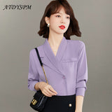 Znbbw Office Lady Long Sleeve Purple Blouses Vintage Notched Neck Shirts Woman Casual Female Tops Blusas Mujer De Moda 2023