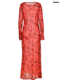 znbbw Elegant Chiffon Floral Print Long Sleeve Maxi Dress Women Summer Slim Beach Holiday Party Club Prom Vestido Evening Gown