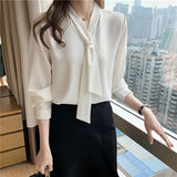 Znbbw Sleeve White Blouse Bow V-neck Chiffon Blouse Shirt Women Tops Blouse Women Blusas Mujer De Moda 2023 Women Blouses E367