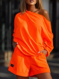 znbbw Casual Skew Collar Off Shoulder Loose 2 Piece Set 2023 New T Shirts + Shorts Suit Women Trendy Fashion Sweatshirt Pants Set