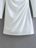Znbbw TRAF Women Solid Pleated Mini Dress Female Long Sleeve O-Neck Nipped Waist Bodycon Dresses Summer Lady Office Dress